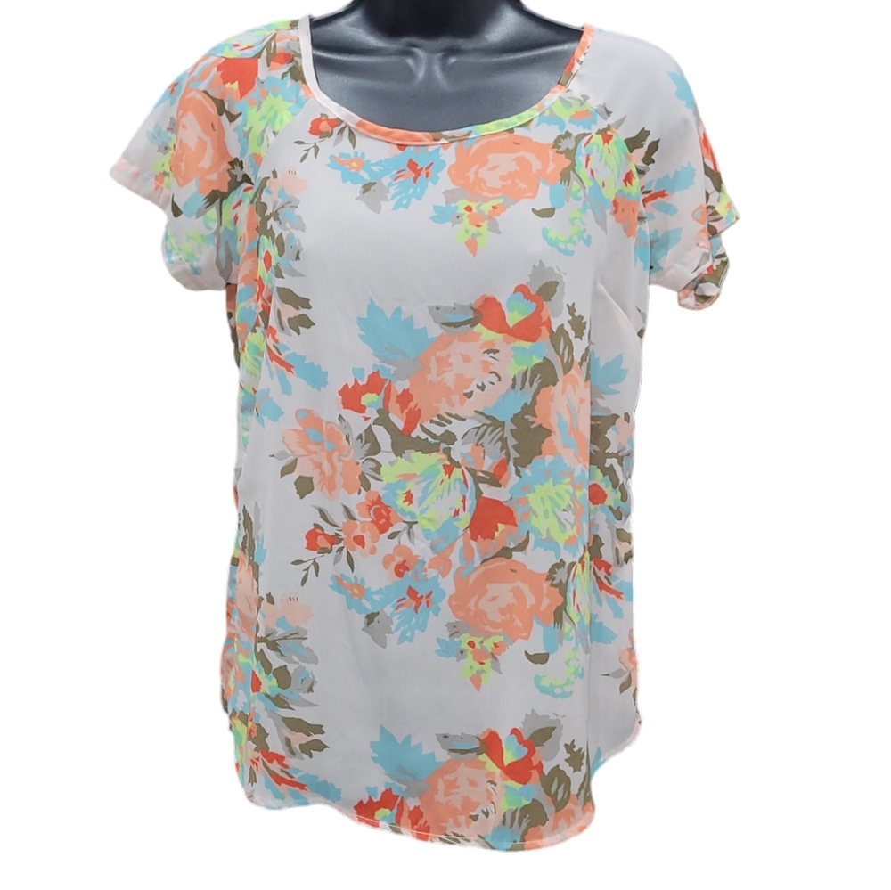 Charming Charlie sheer vibrant floral blouse Size S